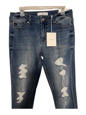 NWT KanCan Mid Rise Jeans Women's 11/29 Blue Distressed Denim Cuffed Ankle NEW